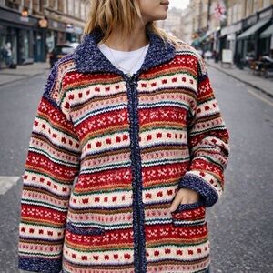 Otavalito Ecuador Handknit Wool Cotton Fair Isle Zip Sweater Jacket